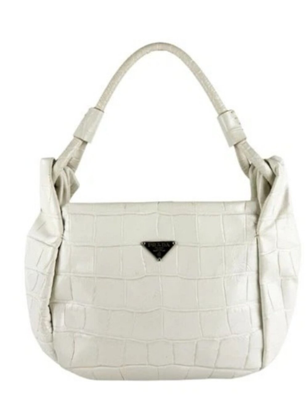 Auth PRADA Handbag Off White Embossed Leather/Silvertone - z10198